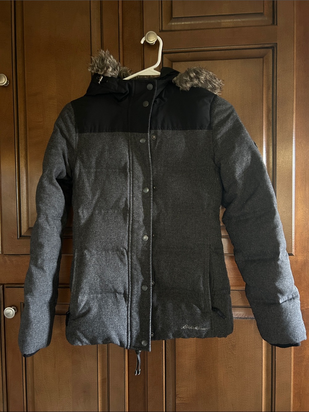 Woman’s Eddie Bauer Quilted Winter Jacket with Faux Fur Hood - Charcoal/Black.